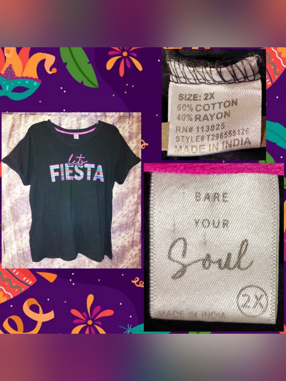 Bare Your Soul Black/Multiclr 'Let's FIESTA' Graphic Print Knit T-Shirt 2X|18/20